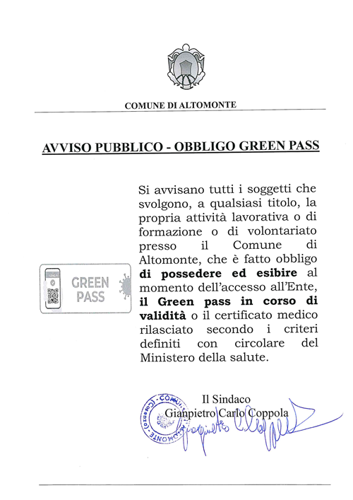 AVVISO  - OBBLIGO GREEN PASS
