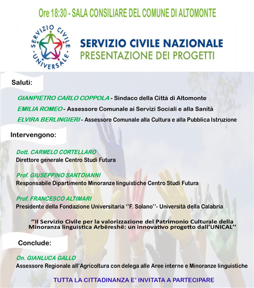 Presentazione progetti  Servizio Civile Universale che si svolgeranno ad Altomonte nel 2023
